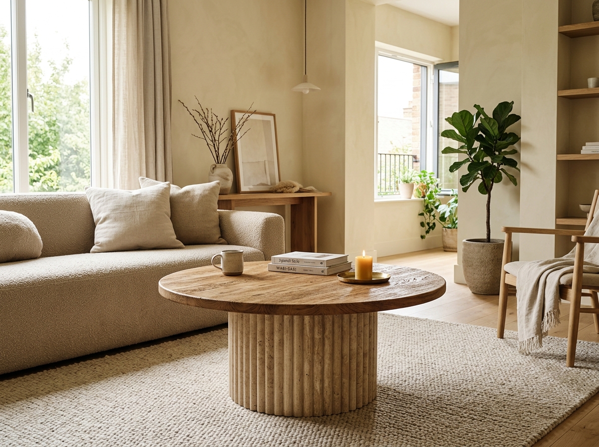 Maya Fluted Travertine & Teak Coffee Table